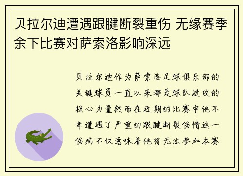 贝拉尔迪遭遇跟腱断裂重伤 无缘赛季余下比赛对萨索洛影响深远