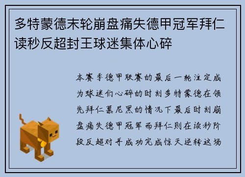多特蒙德末轮崩盘痛失德甲冠军拜仁读秒反超封王球迷集体心碎