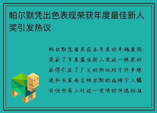 帕尔默凭出色表现荣获年度最佳新人奖引发热议